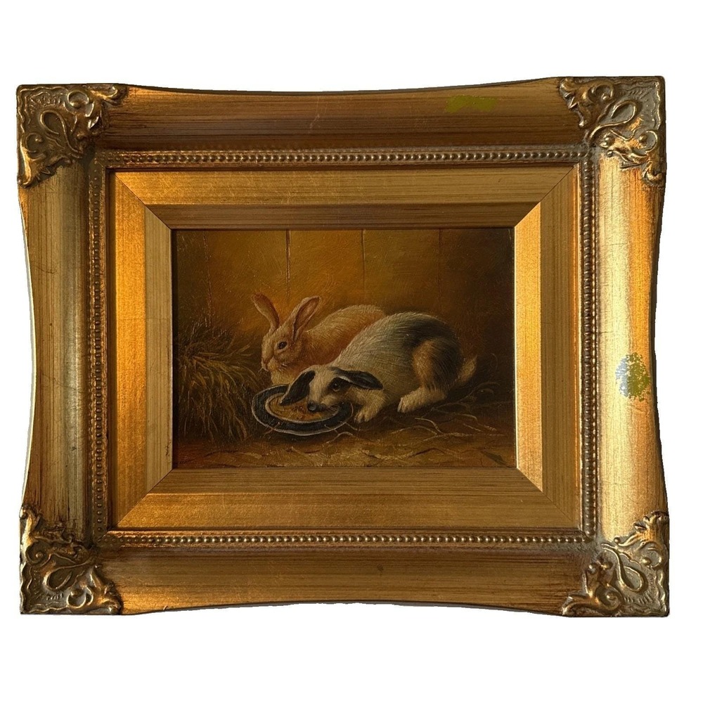 Robert Grace Oil Painting 2 Rabbits Eating Ornate Gold Frame 11x9.5" VTG Read